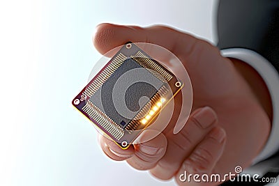 Men's hand holding sophisticated electronic microprocessor chip. Stock Photo