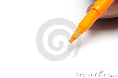 Men`s hand holding violet felt-tip pen on isolated backgroung, close up Stock Photo