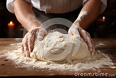 Men's hands in flour on homemade rustic organic bread. Homemade baking Stock Photo