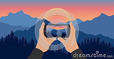 Men`s hands hold phone and take picture of beautiful nature, landscape. Silhouette of forest and mountains on background of sunse Vector Illustration