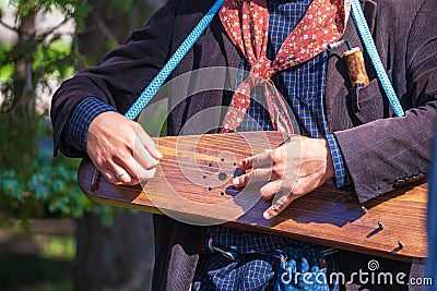 Men`s hands play the harp. Stock Photo