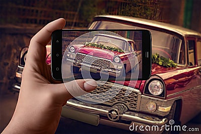 Men`s hands taking pictures of the car on the phone. Vintage festive car Stock Photo