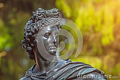 Men`s head bronze statue of the deity in the woods Stock Photo