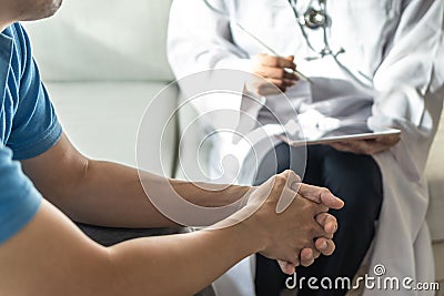Men`s health disease, on prostate cancer or mental illness concept with male patient having consultation with doctor Stock Photo