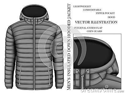 Men`s hooded insulated down jacket Vector Illustration