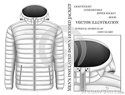 Men`s hooded insulated down jacket Vector Illustration