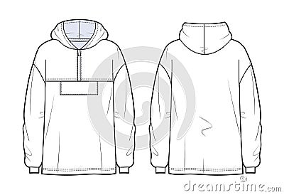 Men's Hoodie fashion flat technical sketch template. Sweatshirt Hoodie fashion cad mocku Vector Illustration
