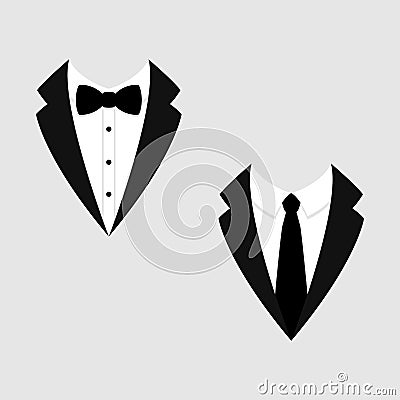 Men`s jackets. Tuxedo. Weddind suits with bow tie and necktie. Vector icon. Vector Illustration