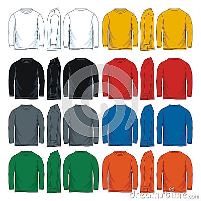 Men`s long sleeves round neck t-shirt templates, Front, side and back views. Vector Illustration