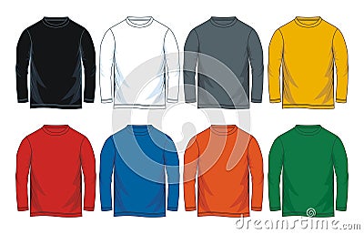 Men`s long sleeves round neck t-shirt templates, Front views. Vector Illustration