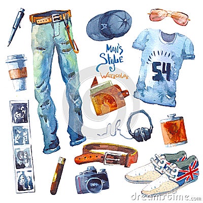 Men's Set of trendy look. Watercolor clothes Cartoon Illustration