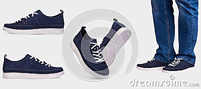 Men`s summer suede blue sneakers with white soles. Men`s sports shoes. Sport style. Stock Photo