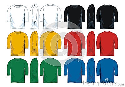 Men`s three-quarter round neck t-shirt templates, Front, side and back views. Vector Illustration