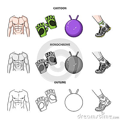 Men`s torso, gymnastic gloves, jumping ball, sneakers. Fitnes set collection icons in cartoon,outline,monochrome style Vector Illustration