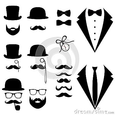 Men`s tuxedo. Mustache, glasses, beard, pipe and top hat. Vector Illustration