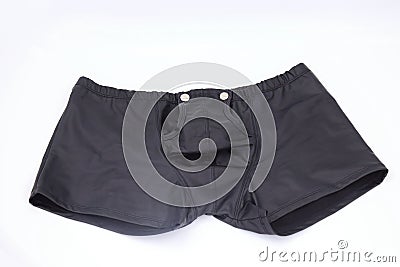 Sexy black faux leather male underwear boxers isolated on white background. Stock Photo