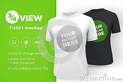 Men`s white and black t-shirt with short sleeve mockup. Front view Vector Illustration