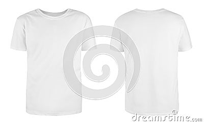 Men`s white blank T-shirt template,from two sides, natural shape on invisible mannequin, for your design mockup for print, isolat Stock Photo