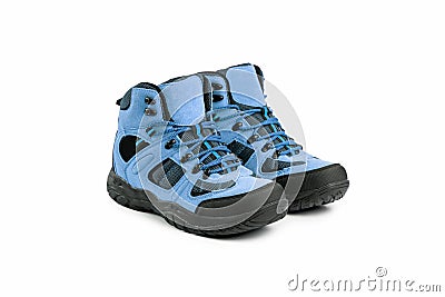 Men`s winter boots blue for expeditions of travel isolated on a white background Stock Photo