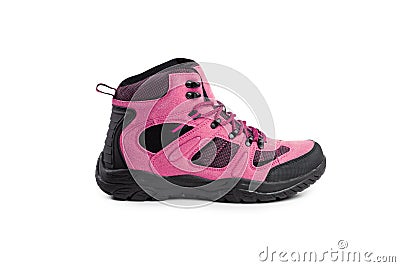 Men`s winter boots pink for expeditions of travel isolated on a white background Stock Photo