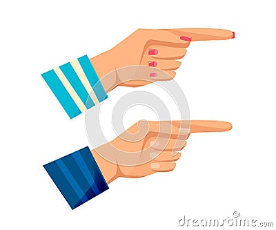 Men`s and women s hands with gestures. Pointer, direction, Vector Illustration