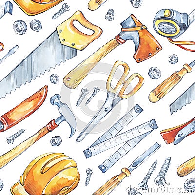 Men`s work illustration. Seamless pattern with carpentry tools. Watercolor axe, saw, roulette, knife, hammer, helmet Cartoon Illustration