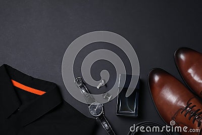 Men set with stylish accessorizes on black background, flat lay. Space for text Stock Photo