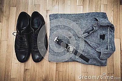 Men shoes shirt and wristlet watch Stock Photo