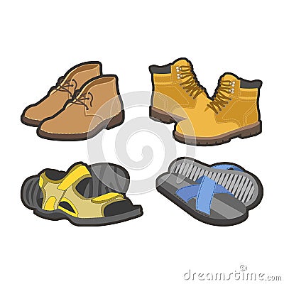 Men shoes types, sandals or boot sneakers vector flat isolated icons set Vector Illustration