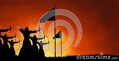 Men shooting arrows with bow at the battlefield Stock Photo