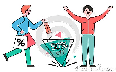 Men on Shopping with Bags, Sale Promotion Label Vector Illustration