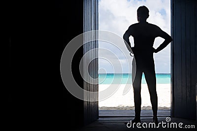 Men Silhouette on the Sea Background Stock Photo