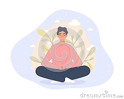 Men sitting on floor and meditating in lotus pose. Yoga meditation practice concept in cartoon style. Vector Vector Illustration