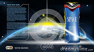 Men Space gel or Lotion cosmetic ads template. Refreshing skin toner. Cosmic background. Mockup 3D Realistic Vector Vector Illustration