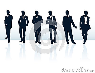 Business men in suits silhouette collection man silhouettes vintage male human body outline businessman suit blue fashion people Vector Illustration