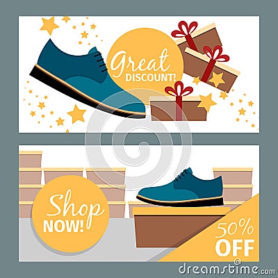 Men summer blue shoe store flyers Vector Illustration