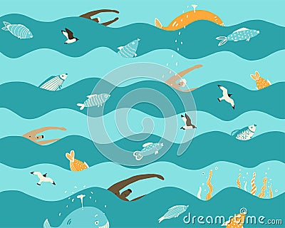 Seamless background nautical with Swimmers in the sea with marine animals Vector Illustration