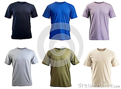 Collection of various blank men's t-shirt mockups, isolated on white background, transparency Stock Photo
