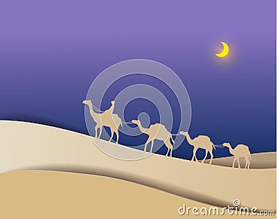 Men take a camels across the desert at night paper art pa Cartoon Illustration