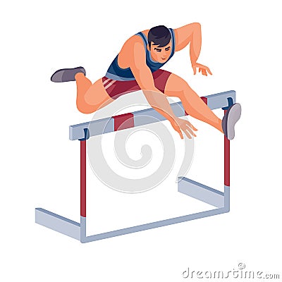 Men takes part in the hurdle race and jumps well over the barrier, success, goal, isolated object on a white background Vector Illustration