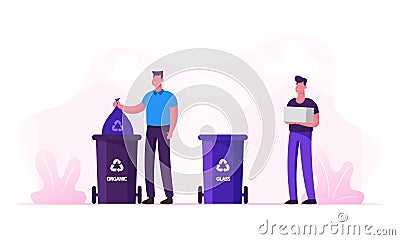 Men Throw Garbage into Special Containers with Recycle Sign for Plastic and Organic Litter. Special Bins for Trash Vector Illustration