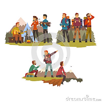 Men travelling together, camping people, tourists hiking in mountains, backpacking trip or expedition vector Vector Illustration