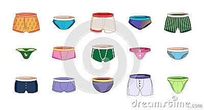 Men underwear. Cartoon man boxer briefs and trunks, male pants and briefs in different styles and colors, male Vector Illustration