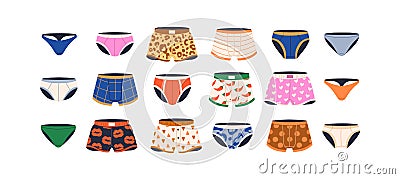 Men underwear set. Male underpants, trunks, panties of different types, shapes. Boxers, briefs, thongs pants models Vector Illustration