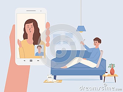 Men using a smartphone for video calls with his colleague from home. Hand holding white smartphone have women on the mobile screen Vector Illustration