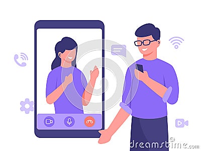 Men wearing glasses holding smart phone make video call girl on screen with flat cartoon style . Vector Illustration