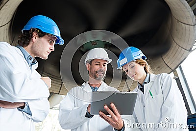 men and woman engineers using tablets for monitoring factory Stock Photo