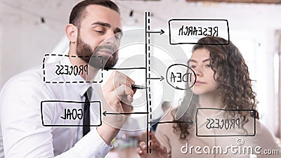 Men and woman using interactive board, designing project roadmap for efficient workflow. Enhancing collaboration, vision Stock Photo