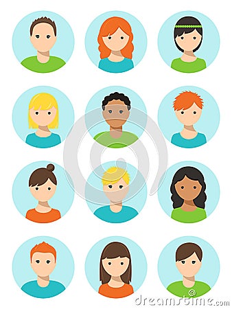 Men and Women, Boys and Girls Faces Round Icons Vector Illustration