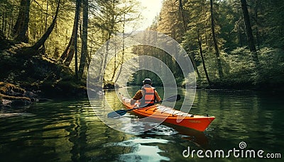 Men and women canoeing in tranquil forest, enjoying outdoor adventure generated by AI Stock Photo